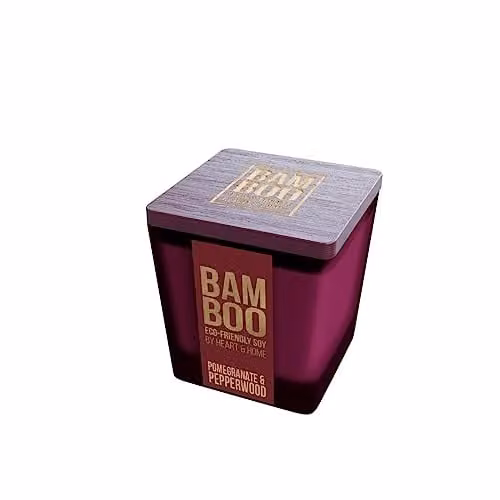 Heart and Home Pomegranate and Pepperwood Small Bamboo Candle in White and Purple