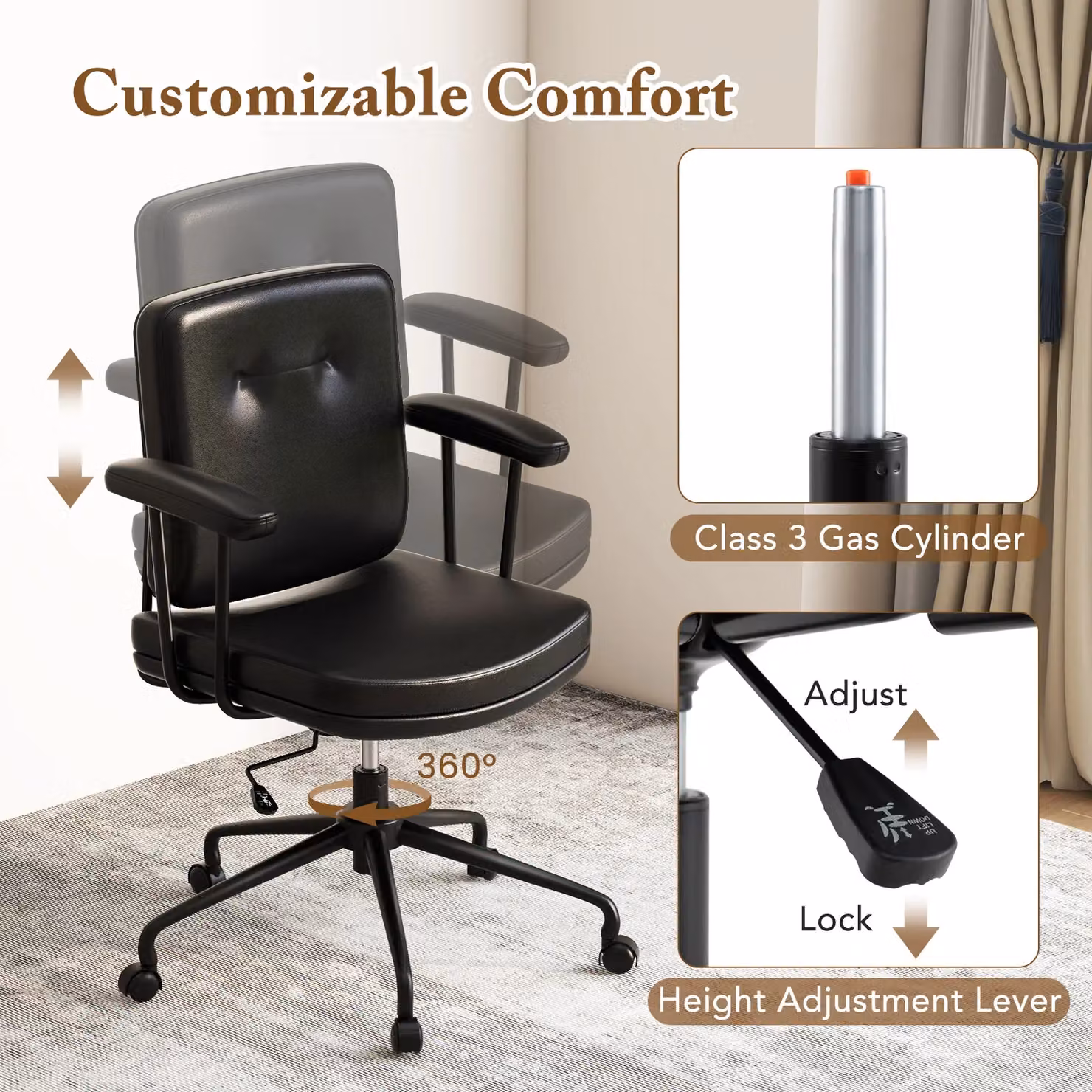 Gymax Mid-Century Home Office Swivel Task Chair in Brown Synthetic Leather with Adjustable Height and Castors – 3