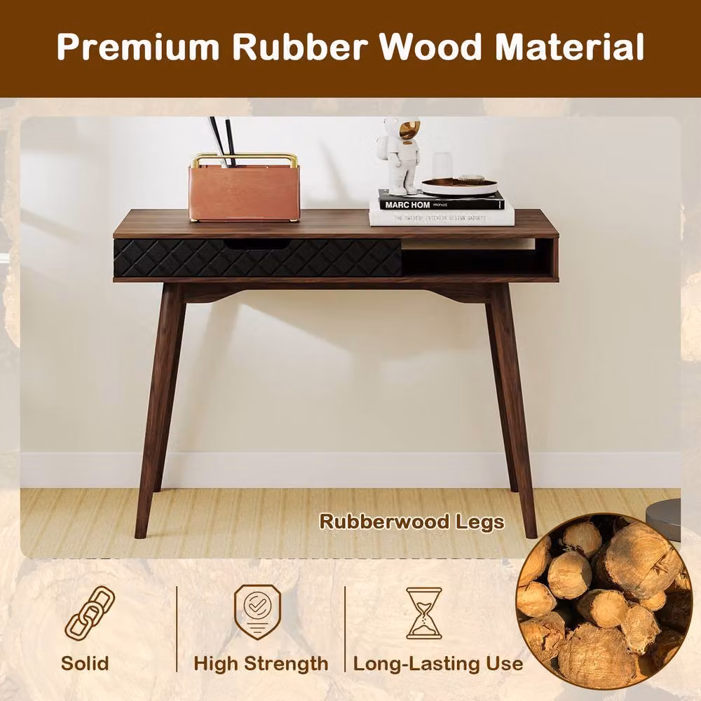 Gymax Mid-Century Writing Desk in Brown with Rubberwood and Metal Construction – 9