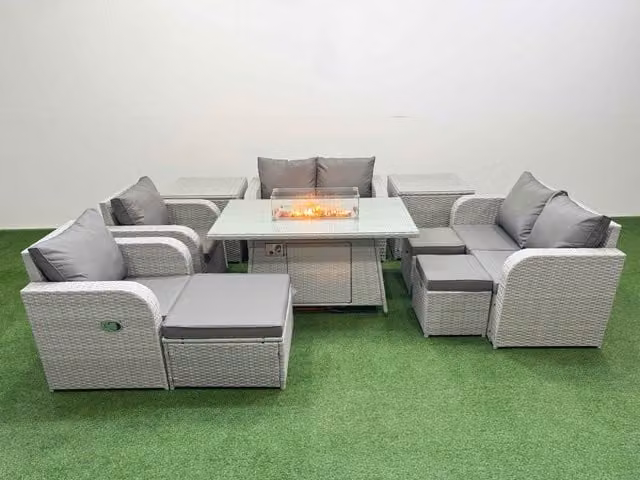 Fimous 9 Seater Rattan Garden Furniture Set with Reclining Chairs, Love Sofa, Firepit Dining Table, 3 Stools and 2 Side Tables in Light Grey