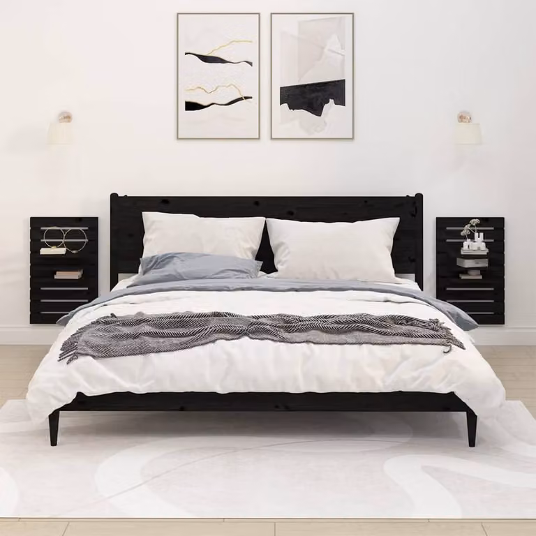 Berkfield Home Set of 2 Black Solid Pine Wall-mounted Bedside Shelves