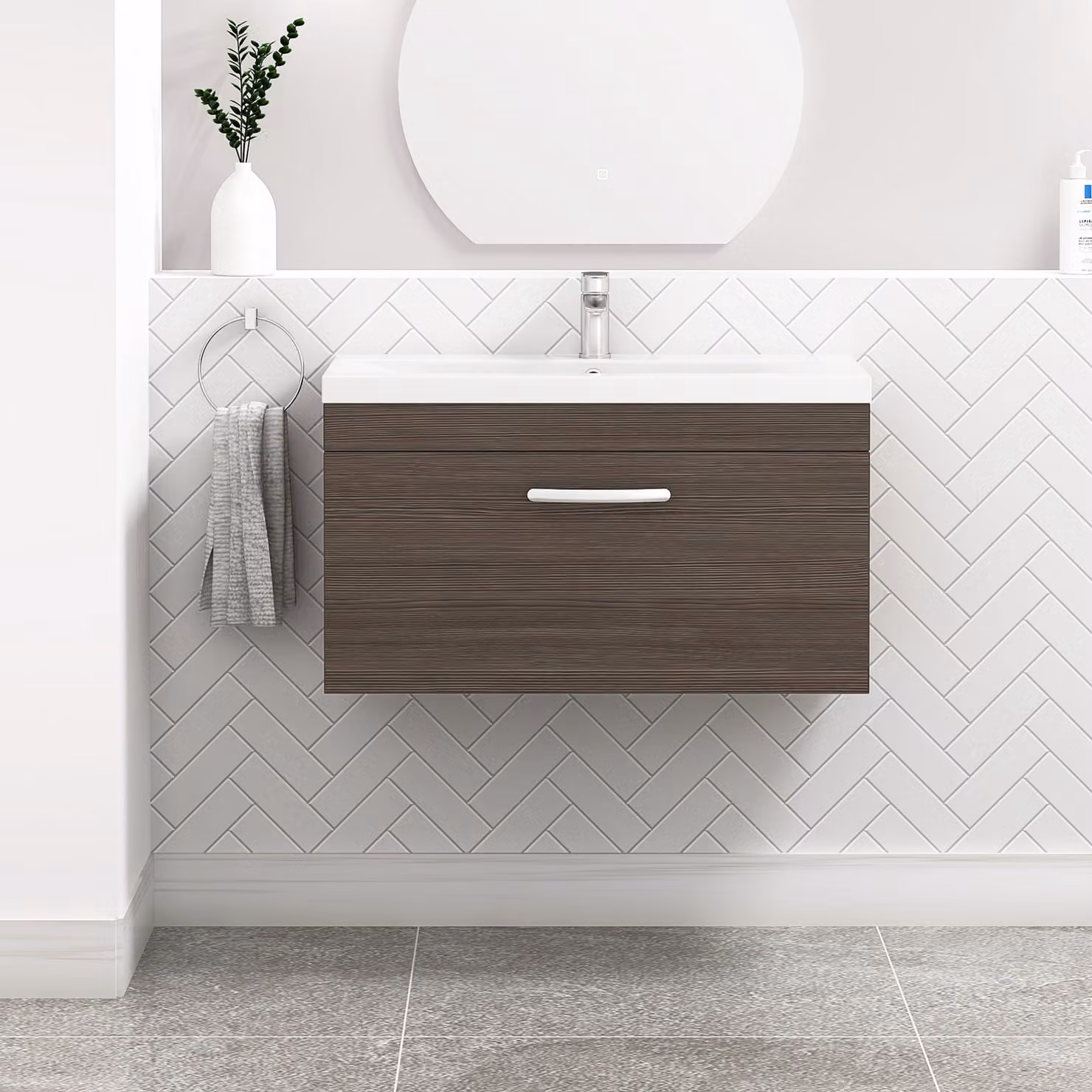 Royal Bathrooms Turin Wall Hung Vanity Sink Unit with Mid-Edge Basin, Grey Elm, Width: 80 cm
