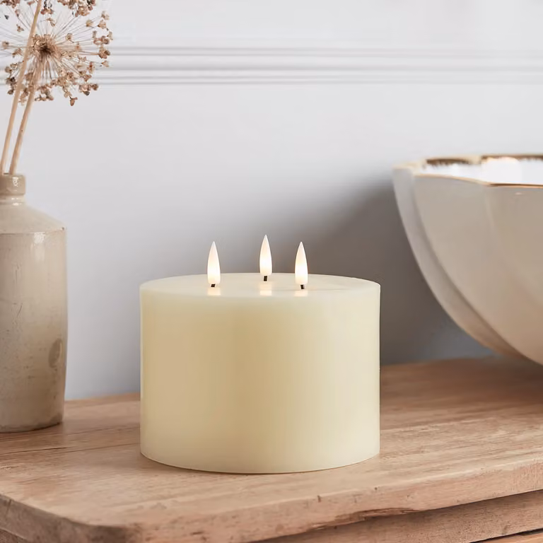 TruGlow® Ivory LED 3 Wick Wax Pillar Table Candle with Remote Control and Timer