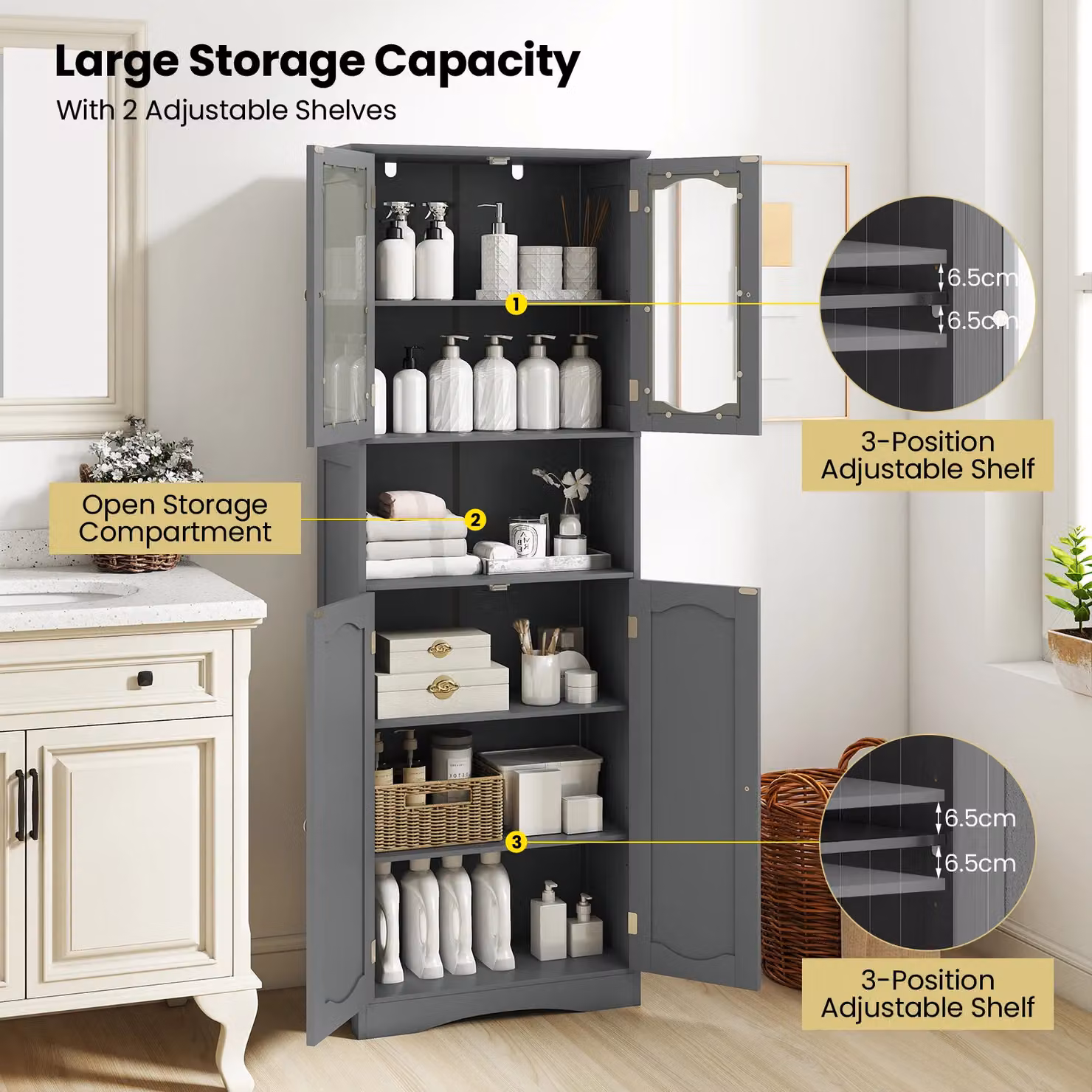 Costway Tall Grey Bathroom and Kitchen Storage Cabinet with Tempered Glass Doors – 6