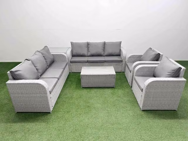Fimous PE Rattan High Back Lounge Sofa Set in Light Grey with 3 Seater Sofa, Reclining Armchair, Coffee Table and Side Table
