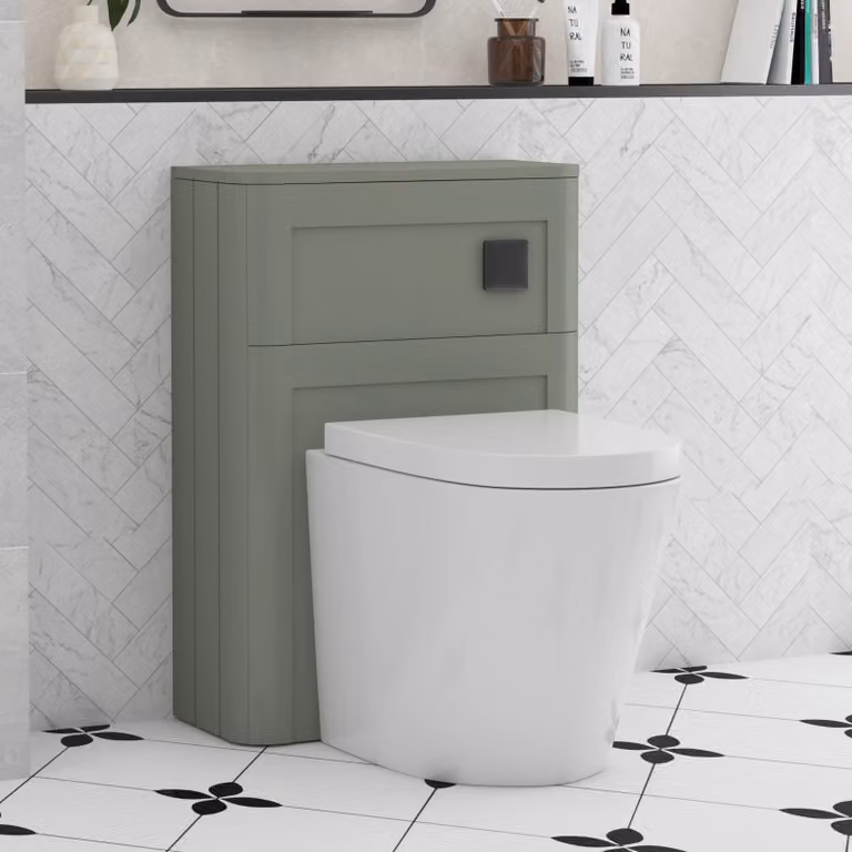 Royal Bathrooms Henley Sage Green Wall Mounted WC Unit with Cesar White Rimless Ceramic Toilet Pan, Soft Close Seat and Cistern, Width: 55 cm