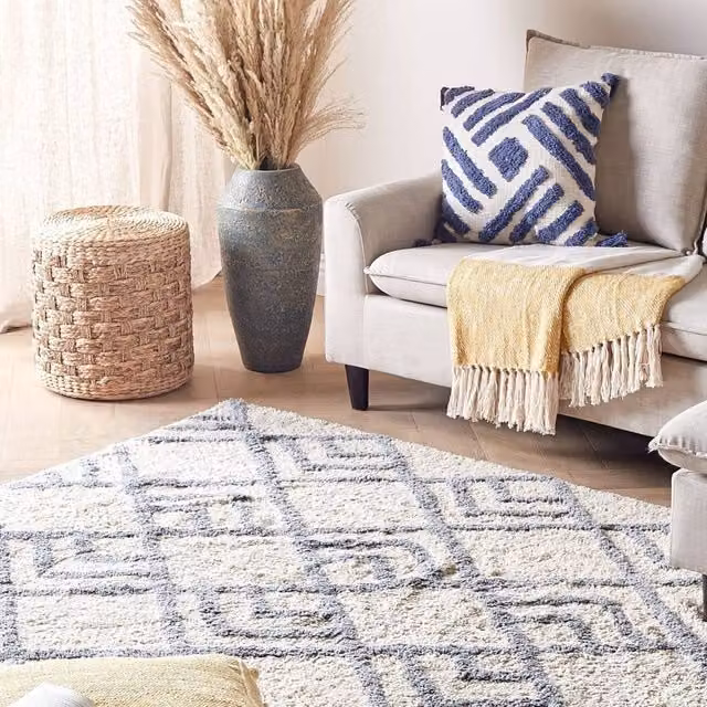 Wyld and Coco Beige and Grey Geometric Hand-Tufted Cotton Rectangular Rug W: 140 cm, L: 200 cm