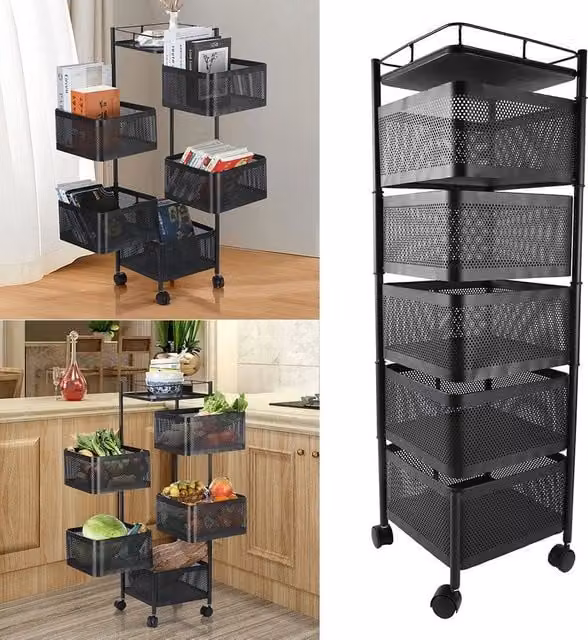 SPETLEK Black Rotating Kitchen Mobile Storage Trolley Cart