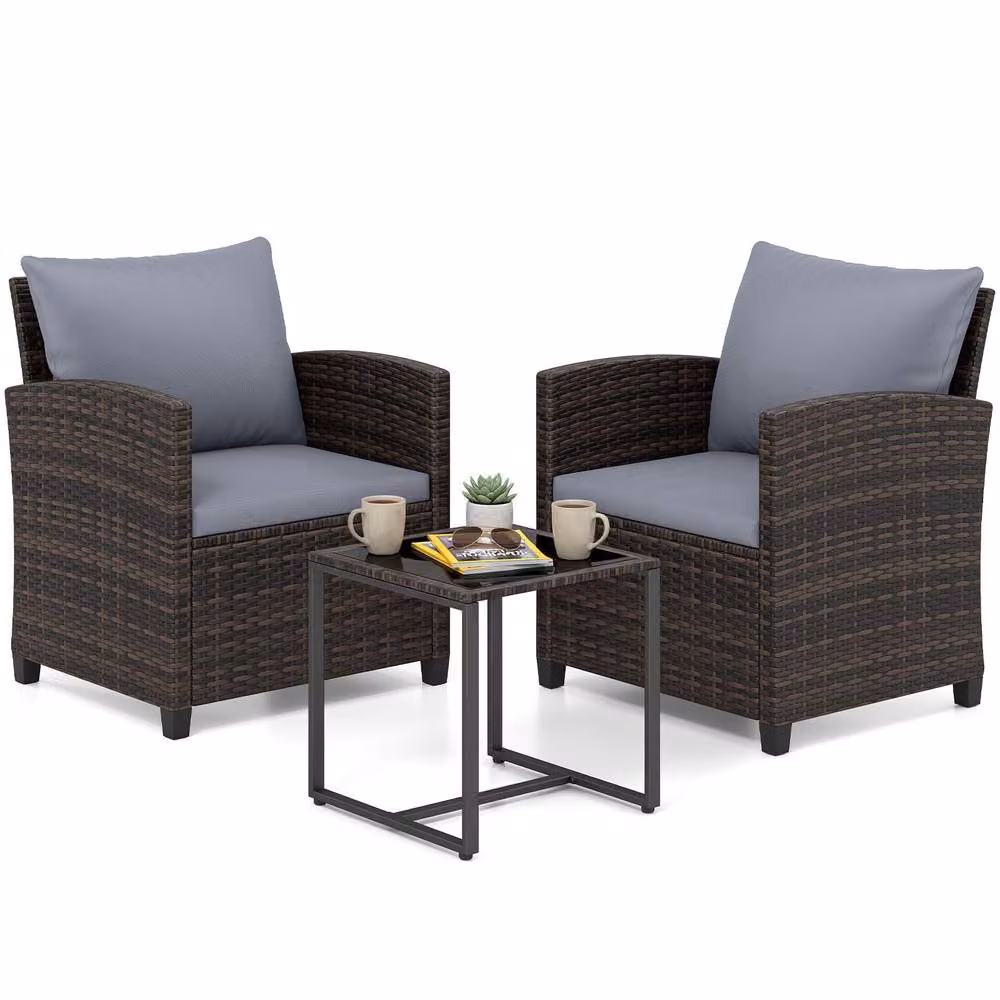 Costway 3-Piece Grey PE Rattan Outdoor Bistro Set with Upholstered Cushions and Coffee Table – 3