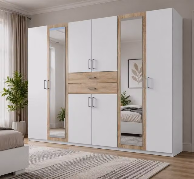 KDMD Diver Matt White and Oak 6 Door Wardrobe with Mirror – 1