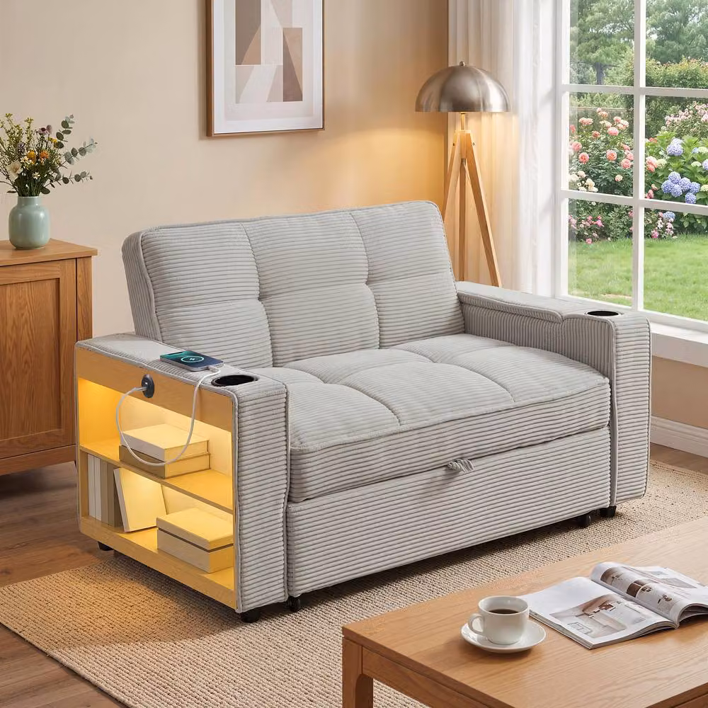 FENCHILIN 2-Seater Pull Out Sofa Bed in Grey with LED Lighting, Cup Holders and Side Storage – 2