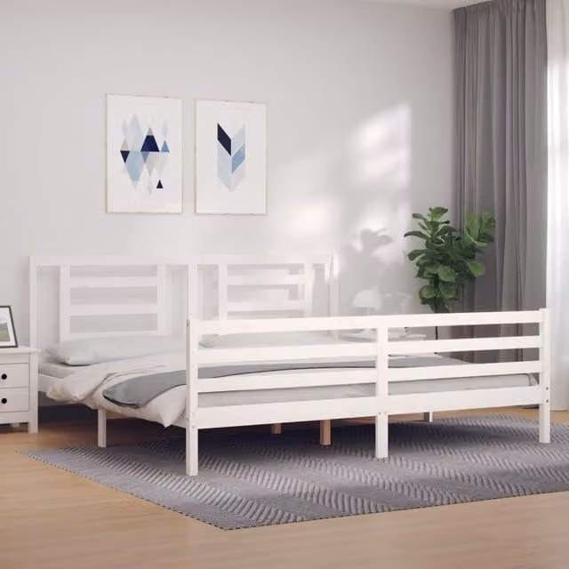 Berkfield Home White Solid Pine Wood Bed Frame with Headboard W/D/H: 200 x 200 cm