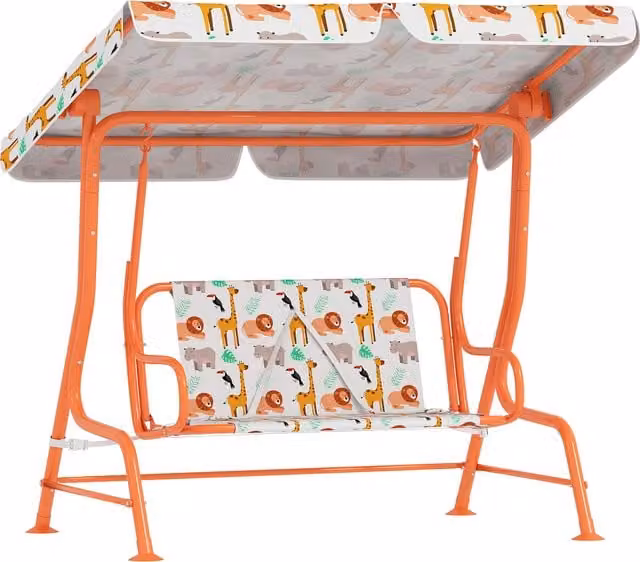 AIYAPLAY Kids Porch Swing, 2-Seater Orange Patio Swing Bench Hammock with Adjustable Sun Canopy and Seat Belts
