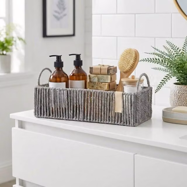 Garden Greatness Grey Woven Rattan Bathroom Basket with Handles