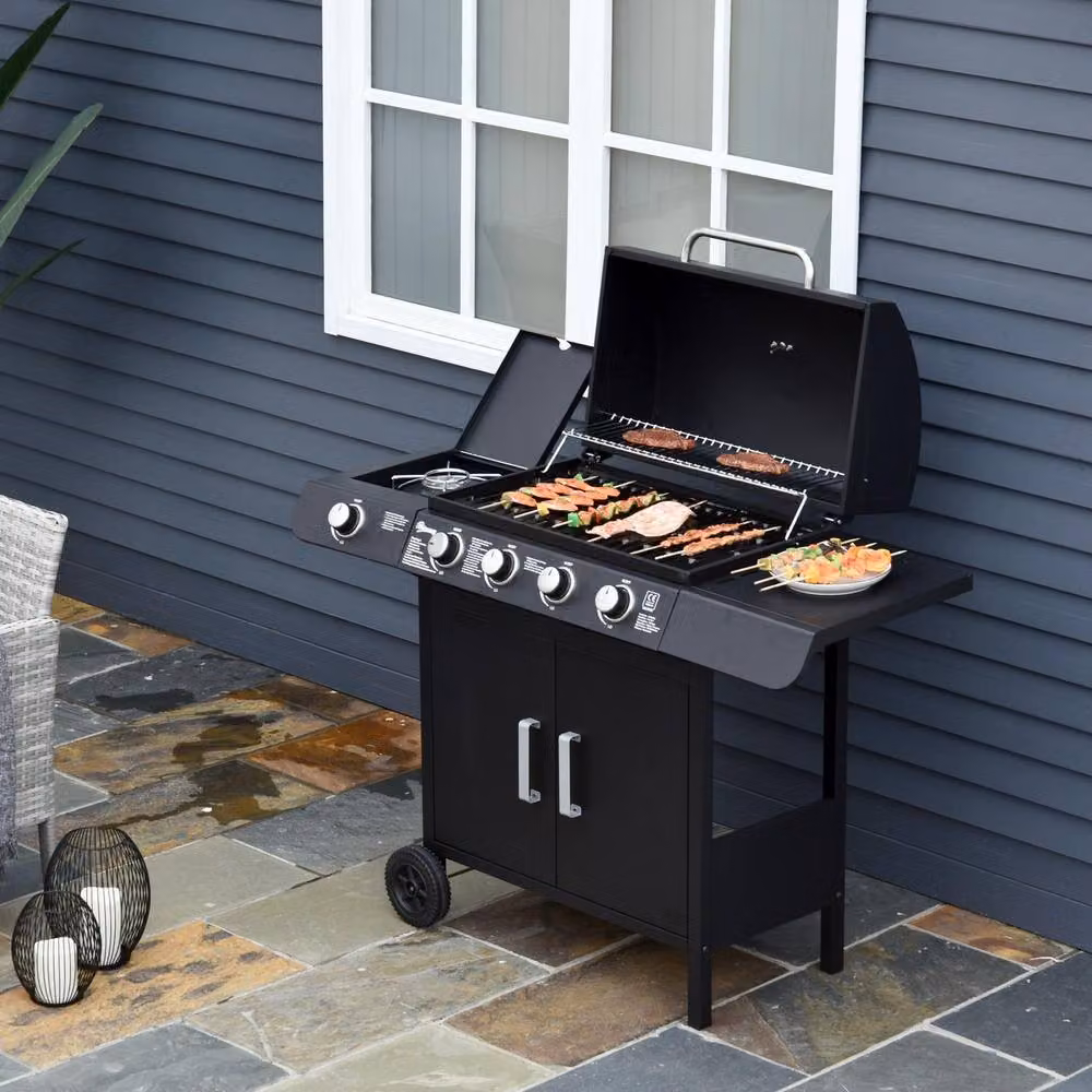 Rolipo 4+1 Burner Gas BBQ Grill Trolley with Cabinet and Side Burner in Black and Stainless Steel – 4