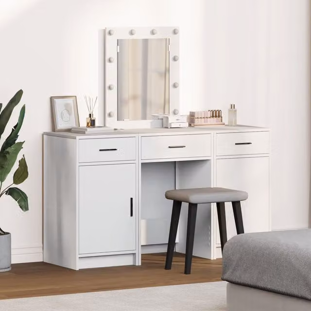 Berkfield Home Hollywood LED 3 Piece Modern Dressing Table Set in White Engineered Wood