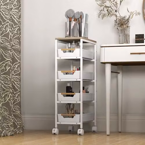 HOMCOM 5-Tier White Metal Storage Trolley on Wheels with 4 Pull-Out Drawers – 3