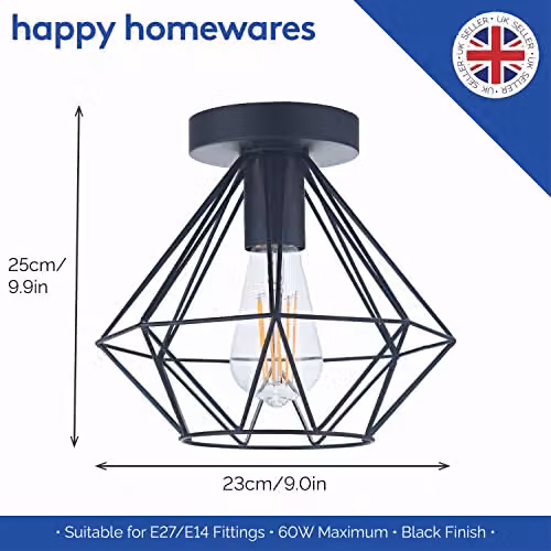 Happy Homewares Industrial Metal Basket Cage Semi Flush Ceiling Light Fitting in Black, Height: 25 cm – 4