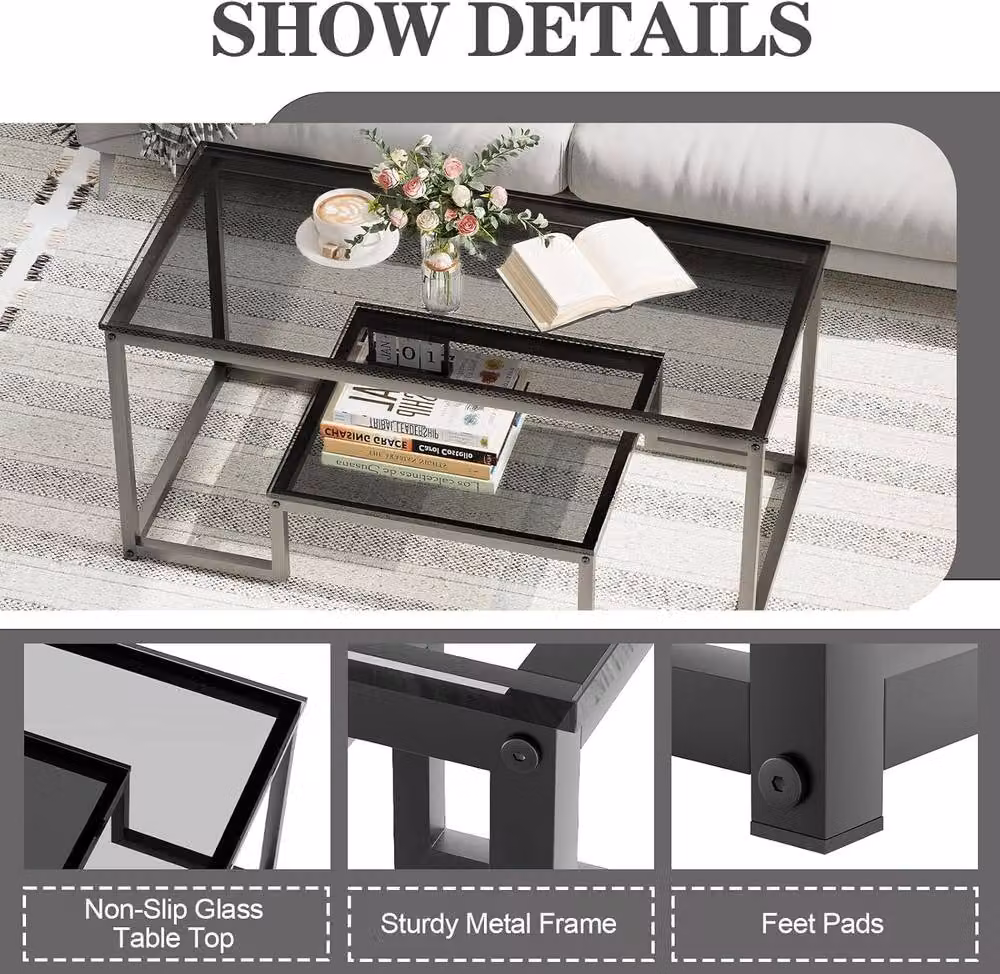 Huhote 2-Tier Modern Geometric Coffee Table with Grey Glass and Black Metal Frame, W: 100 cm, D: 48 cm, H: 45 cm – 6