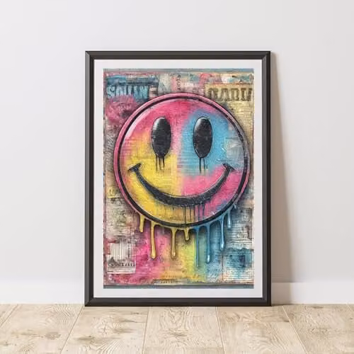 60 SECOND MAKEOVER Smiley Face Graffiti Print Urban Street Art Poster, Multicolour, A3
