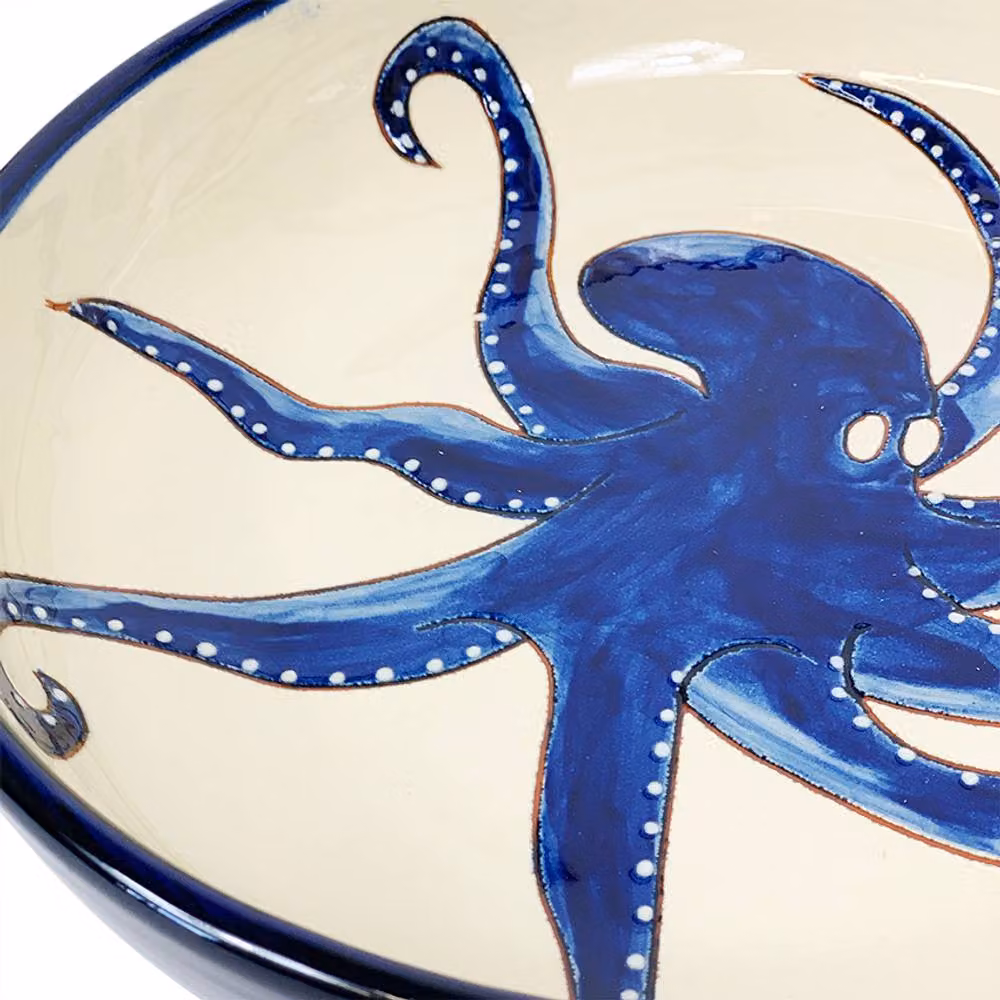 Verano Spanish Ceramics Signature Blue and White Hand Painted Octopus Ceramic Serving Bowl, Diameter: 27 cm – 4