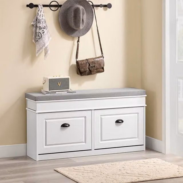 SoBuy Modern Slim Entrance Bench with Fabric Cushioned Seat and Shoe Storage in White and Silver – 1