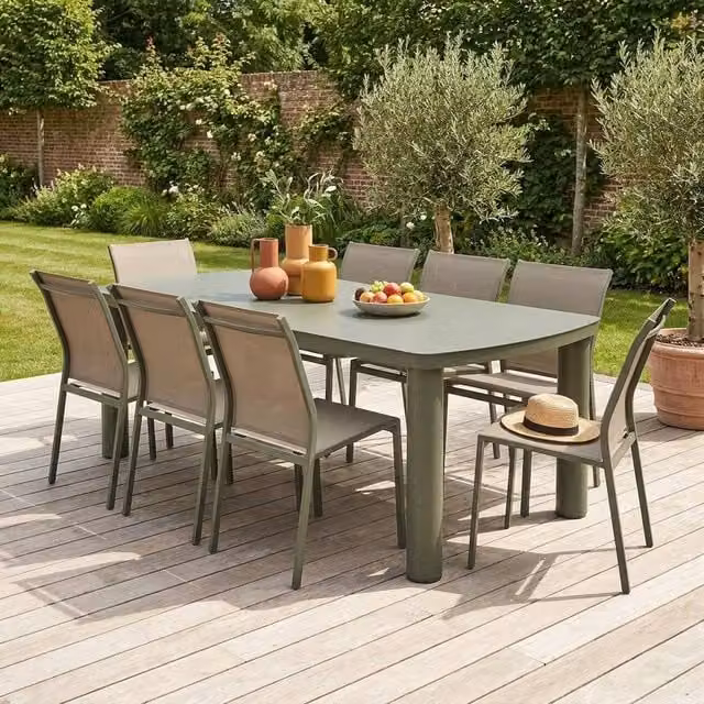 sweeek Powder Coated Aluminium Garden Table and 8 Chairs Set in Khaki Green – 1