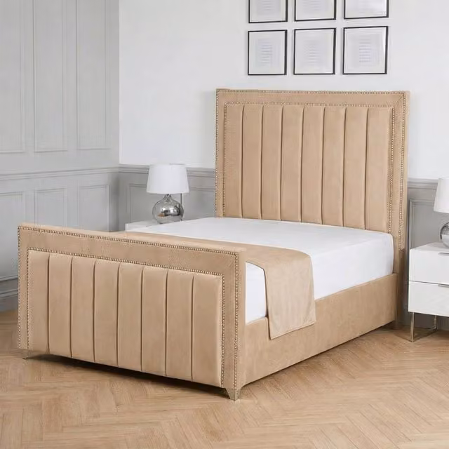 Living Comfort Bedz Royale Upholstered Velvet Gas Lift Storage Bed in Beige, Size: Double (140 x 200 cm)