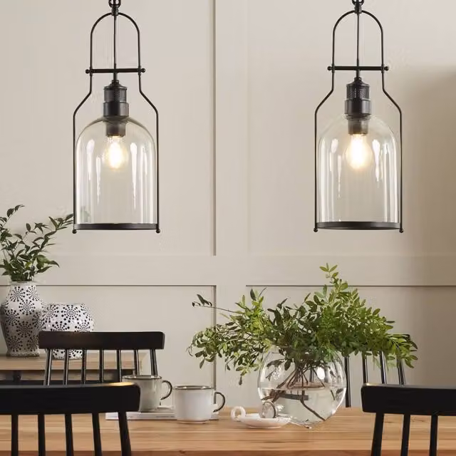 Wyld and Coco Industrial Pendant Lamp with Black Metal Frame and Transparent Glass Shade, Cord Length: 166 cm – 1