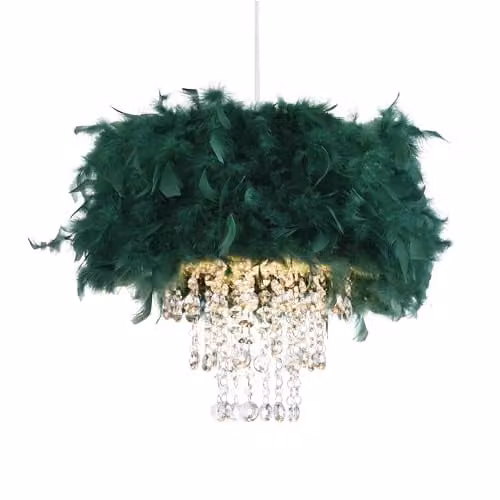 Happy Homewares Forest Green Real Feather Chandelier Pendant Light Shade with Transparent Acrylic Droplets, Diameter: 32 cm – 1