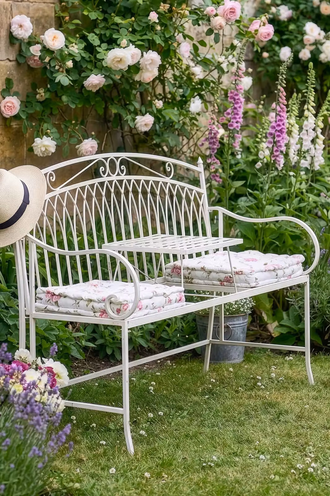 Dibor Vintage Large Cream Arched Outdoor Garden Furniture Bench and Table Set in Matt Metal – 2
