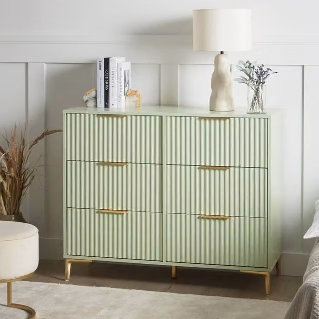 Wyld and Coco Green 6-Drawer MDF Chest with Fluted Fronts and Gold Accents