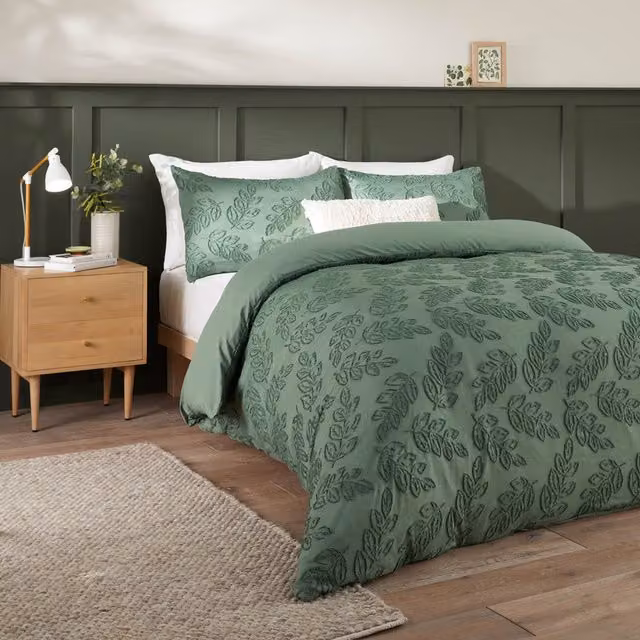Make It A Home Seville Leaf Tufted Soft Touch Duvet Cover Set, Green, W: 180 cm x L: 200 cm