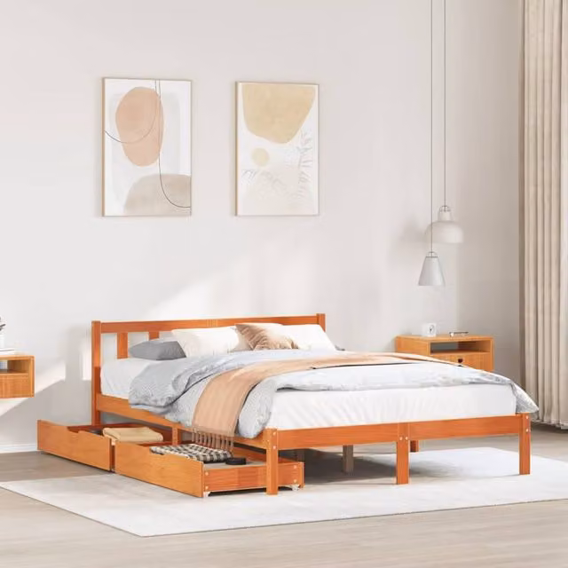 Berkfield Home King Size Solid Wood Pine Bed Frame with Drawers, Wax Brown, W: 150 cm, D: 200 cm – 1