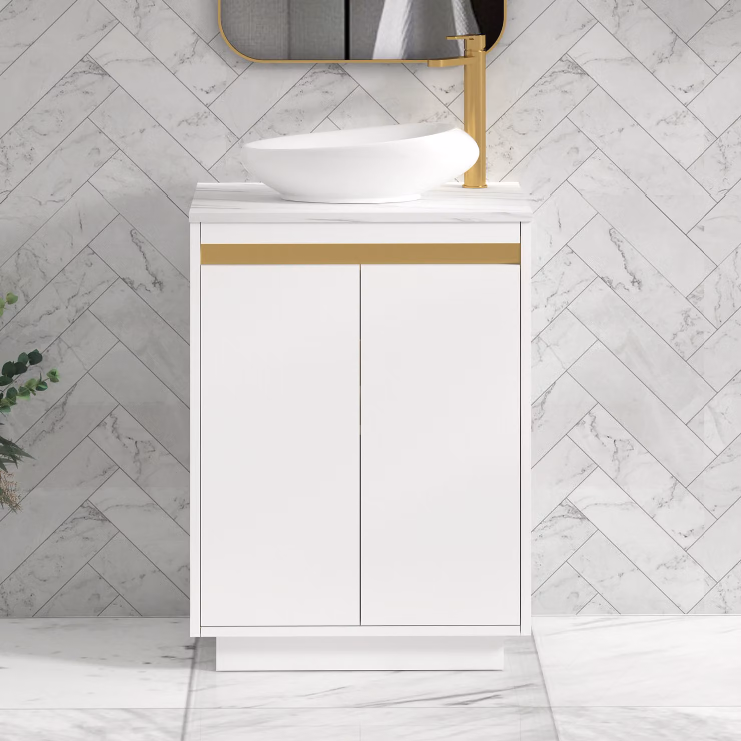 Royal Bathrooms Orion 800mm Matt White Floor Standing Countertop Vanity Unit with Nova Basin and Brushed Brass Accent Trim