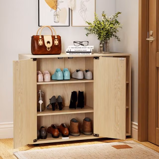 Costway 3-Tier Wood Shoe Storage Cabinet with Hinged Doors in Beige