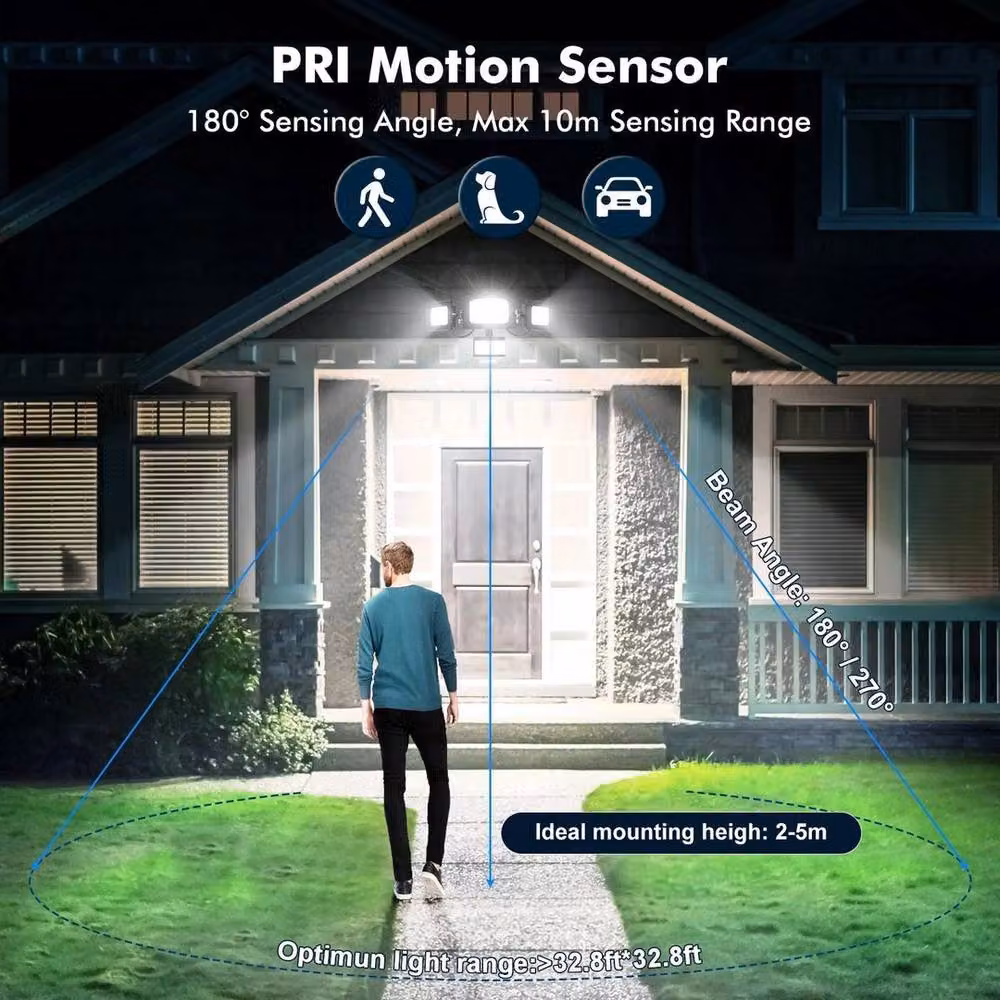 KORVIXA 200W 3 Head LED Security Floodlight with PIR Motion Sensor and Remote Control, Black – 3