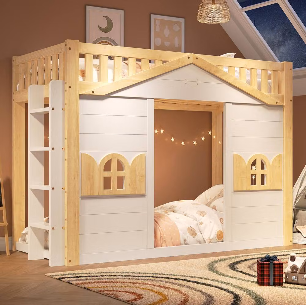STILVORA Childrens Elevated Single Bed with House Frame and Side Compartments in White – 2