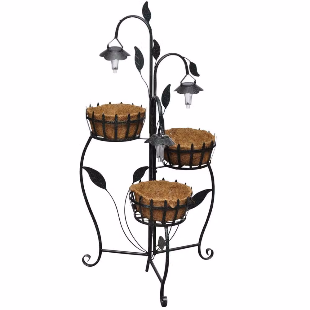 Berkfield Home Solar LED Plant Rack in Brown and Black Cast Iron with Hanging Basket and Planter, W: 48.0 cm, D: 47.0 cm, H: 109.0 cm – 2
