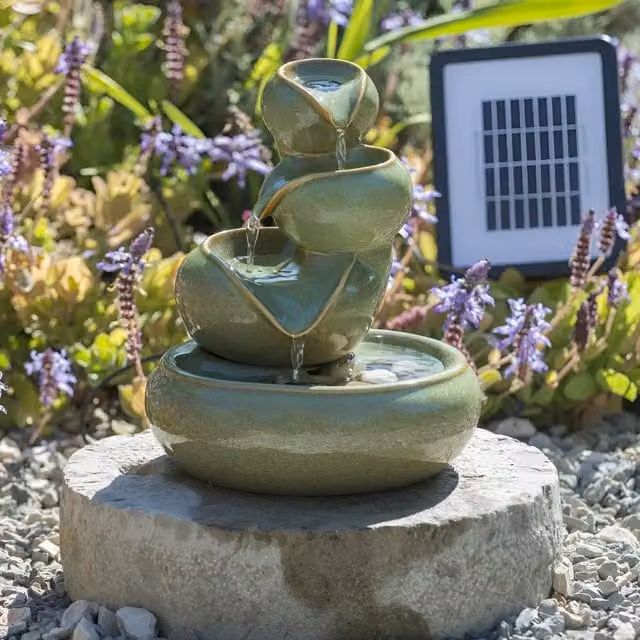 Primrose Cosmos Ceramic Solar Powered Water Feature, Green, Diameter: 25 cm