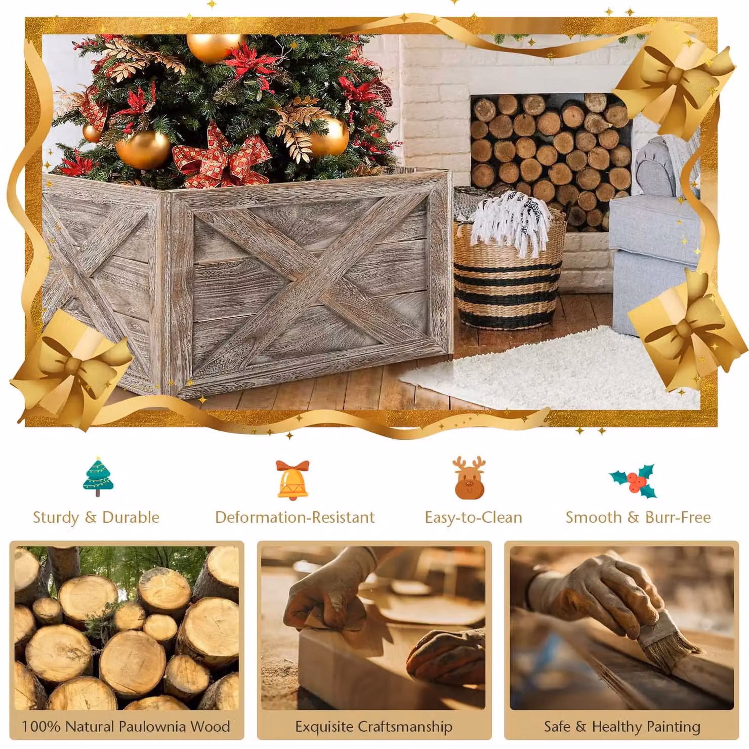 Costway Vintage Christmas Tree Collar Box in Dark Grey, Solid Wood Tree Stand Cover with Hook and Loop Fastener – 4
