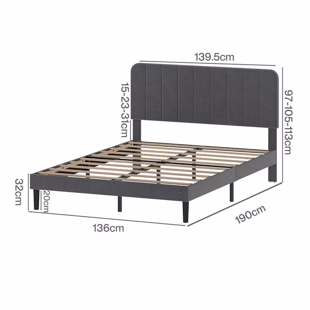 Levede Double Bed Frame with Adjustable Upholstered Velvet Headboard in Grey, W/D/H: 135 x 190 x 140 cm – 4