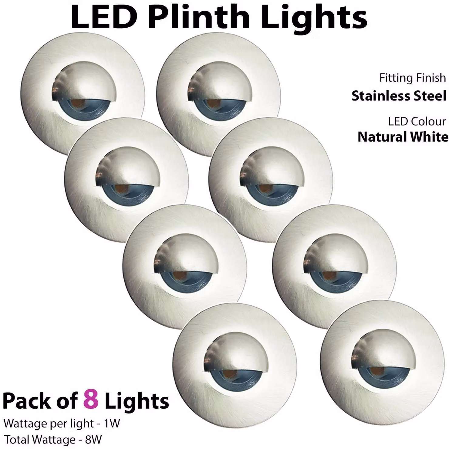 Loops Eyelid LED Plinth Light Kit with 8 Round Stainless Steel Spotlights in Silver for Kitchen and Bathroom – 3