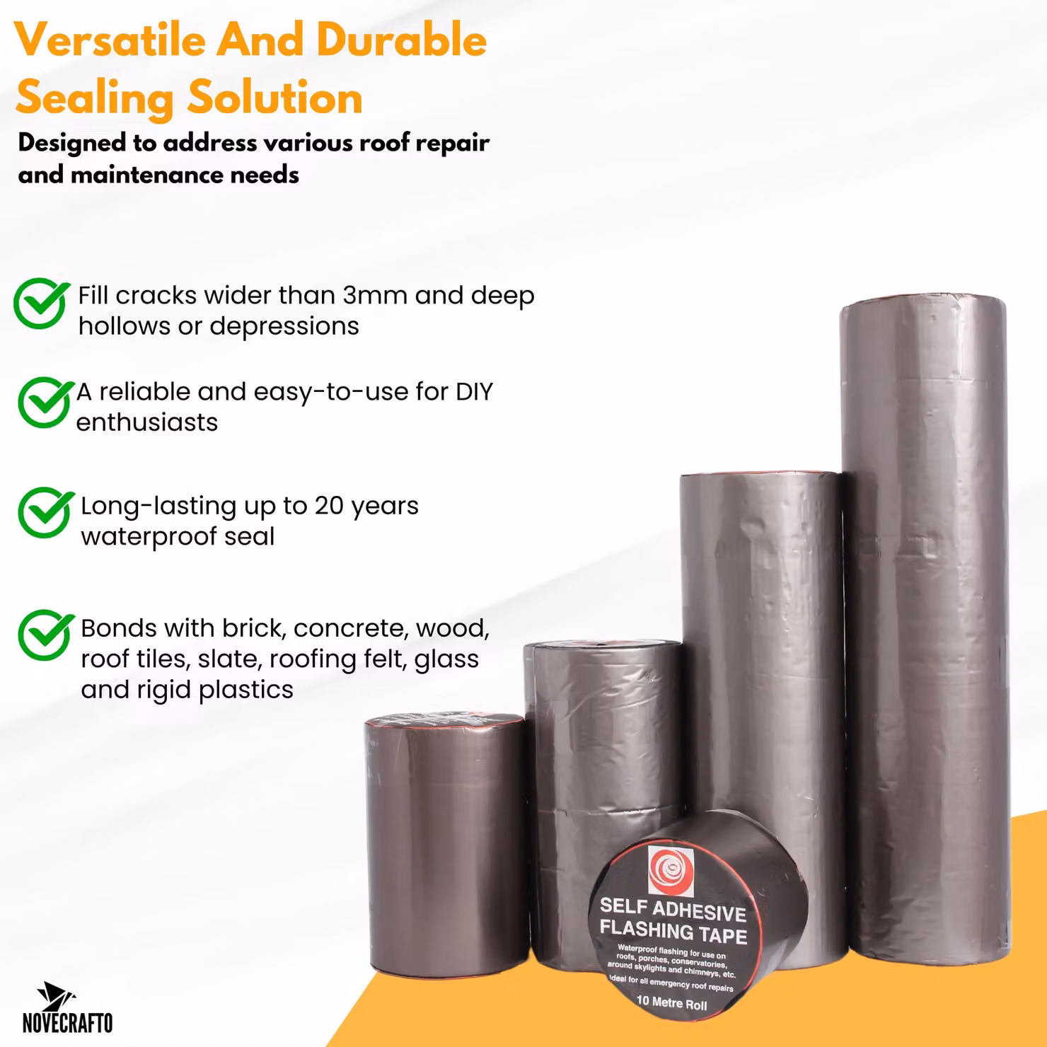Novecrafto Self Adhesive Bitumen Flashing Tape for Roofing, Chimney and Gutter Repairs, Black, W: 22.5 cm, L: 10 m – 3