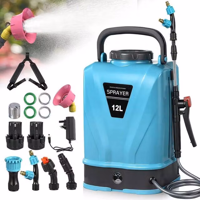 Kelvenix 12L Electric Cordless Knapsack Pressure Sprayer in Blue with Rechargeable Battery and Quick Charger