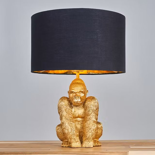 ValueLights Sitting Gorilla Table Lamp in Gold/Brass with Black Fabric Cylinder Shade, Height: 48 cm