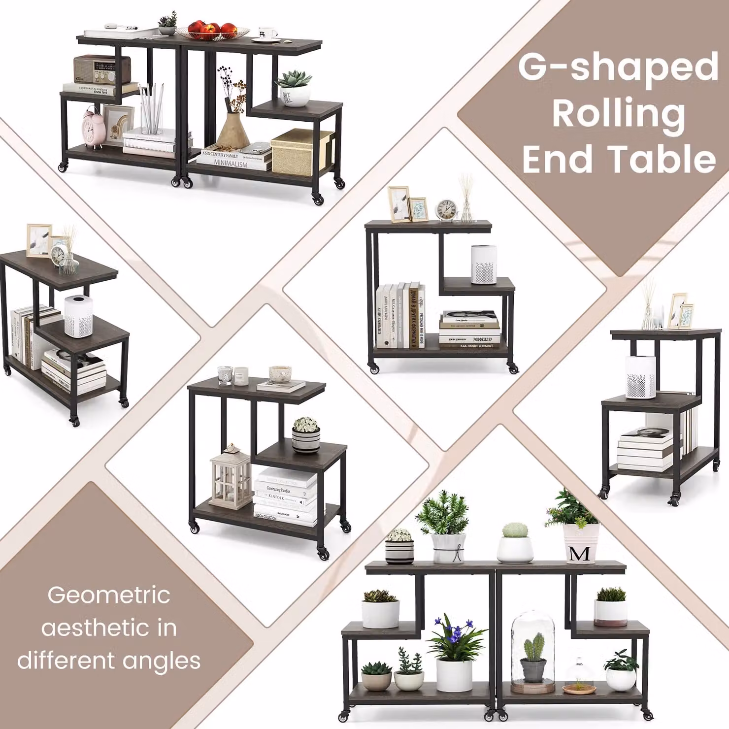 Gymax G-shaped 3-Tier Mobile Side Table with Open Shelves and Castors, Grey – 3