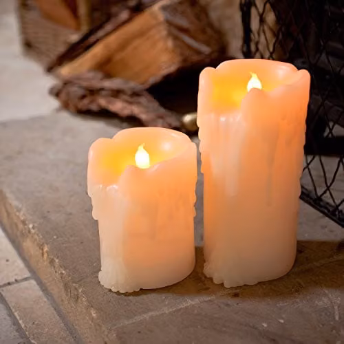 Lights4fun Set of 2 White Battery Operated LED Pillar Candles with Flickering Effect, Timer and Dripping Wax Effect