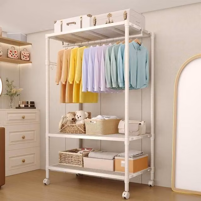 London Boutique 3-Tier Adjustable Rolling Clothes Rack with Rods and Hooks in Grey – 1