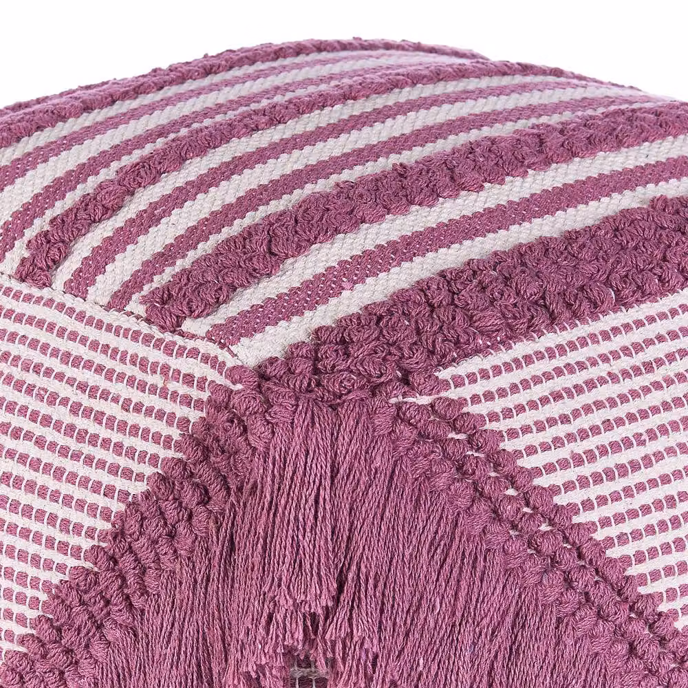 Wyld and Coco Pink Hand-Knitted Cotton Striped Pouffe with Tassels, W/D/H: 40 x 40 x 40 cm – 4